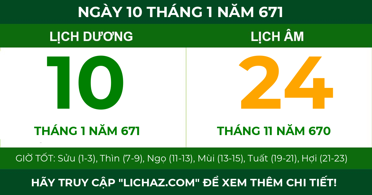 lịch âm ngày 10 tháng 1 năm 671