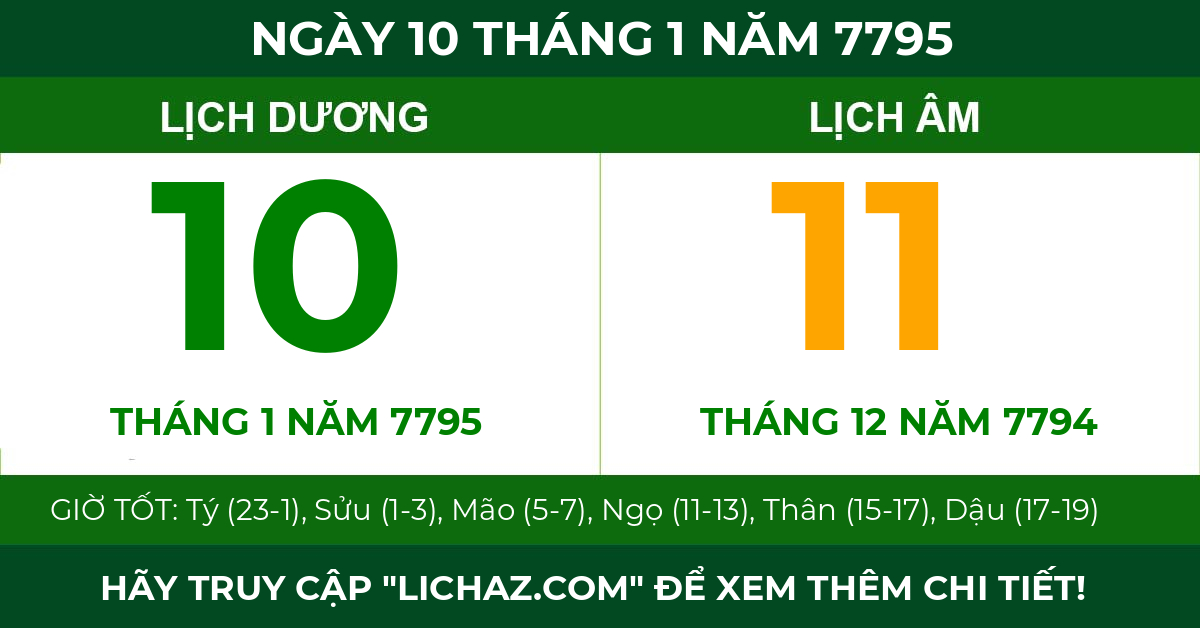 lịch âm ngày 10 tháng 1 năm 7795