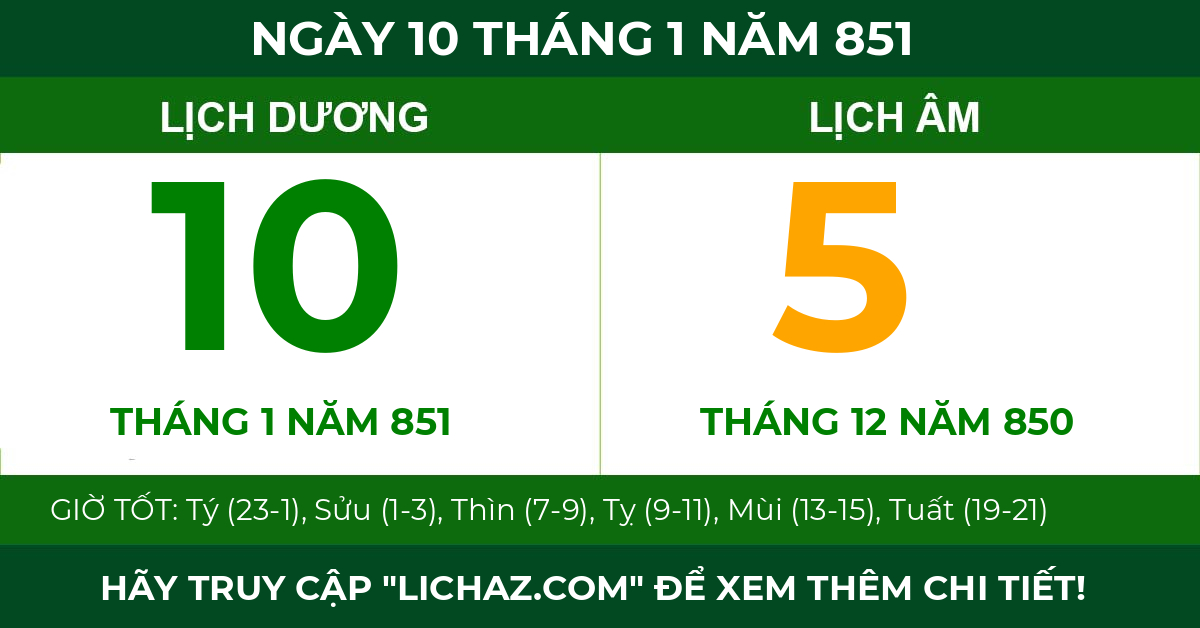 lịch âm ngày 10 tháng 1 năm 851