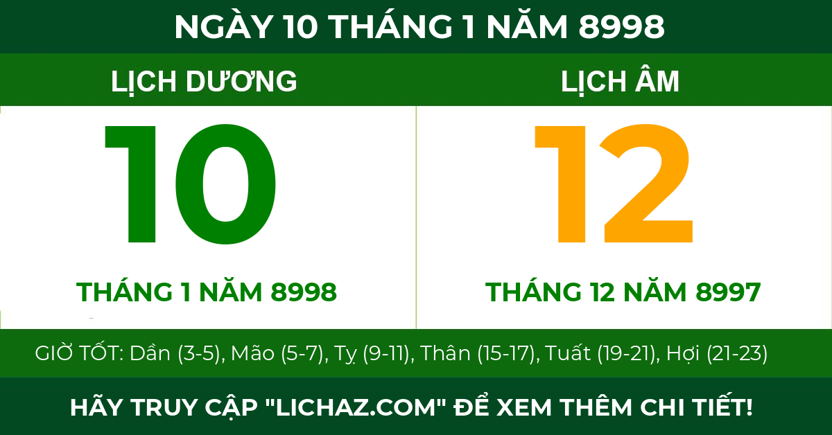 lịch âm ngày 10 tháng 1 năm 8998