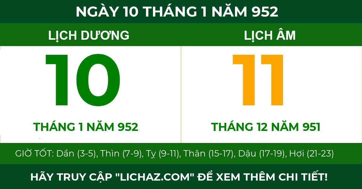 lịch âm ngày 10 tháng 1 năm 952