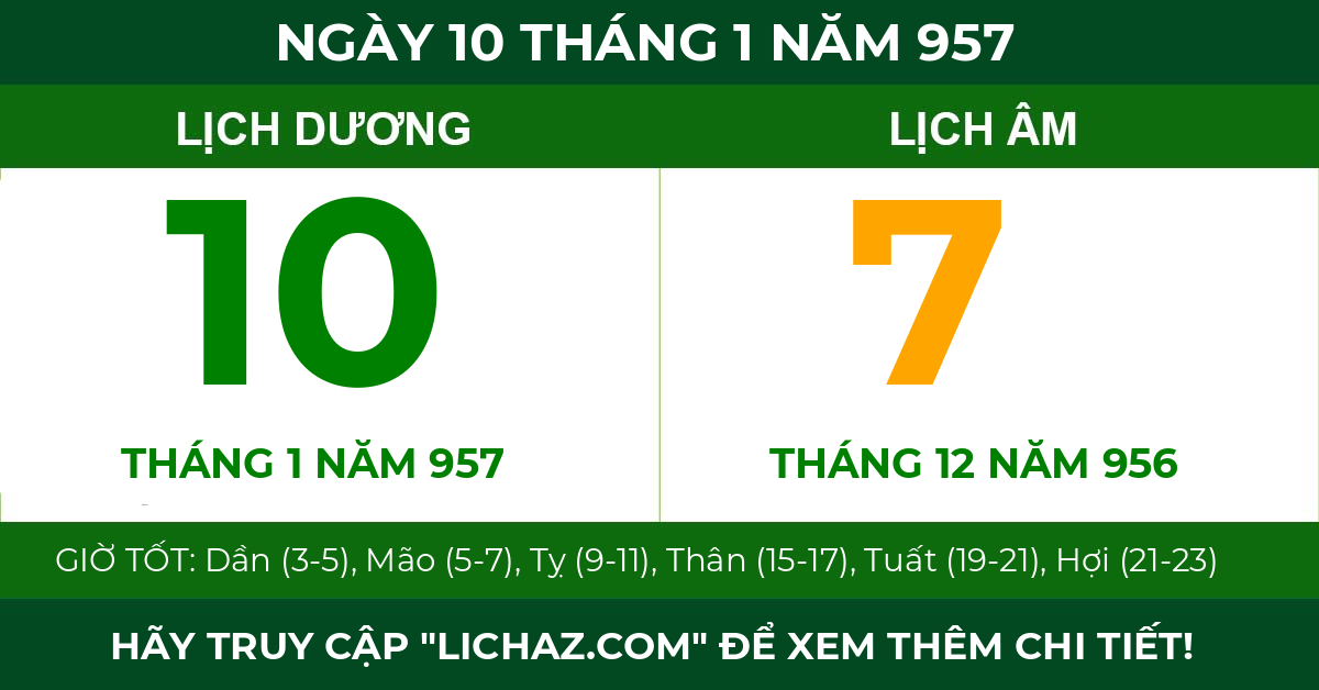 lịch âm ngày 10 tháng 1 năm 957
