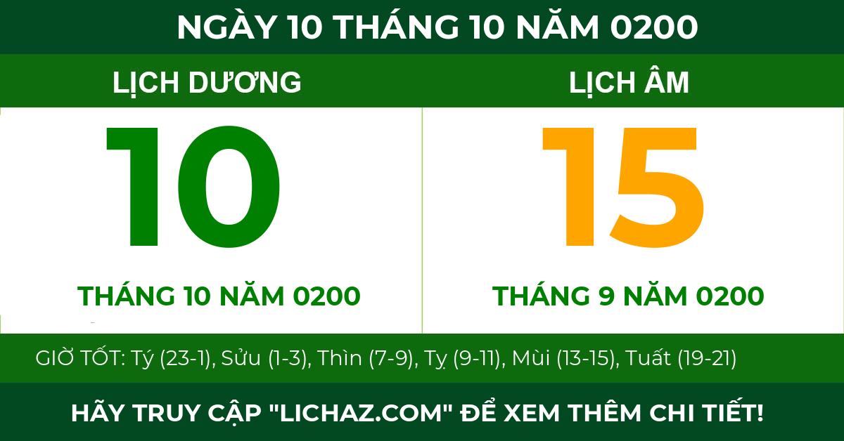 lịch âm ngày 10 tháng 10 năm 0200