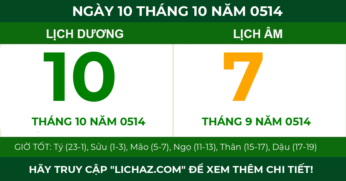 lịch âm ngày 10 tháng 10 năm 0514