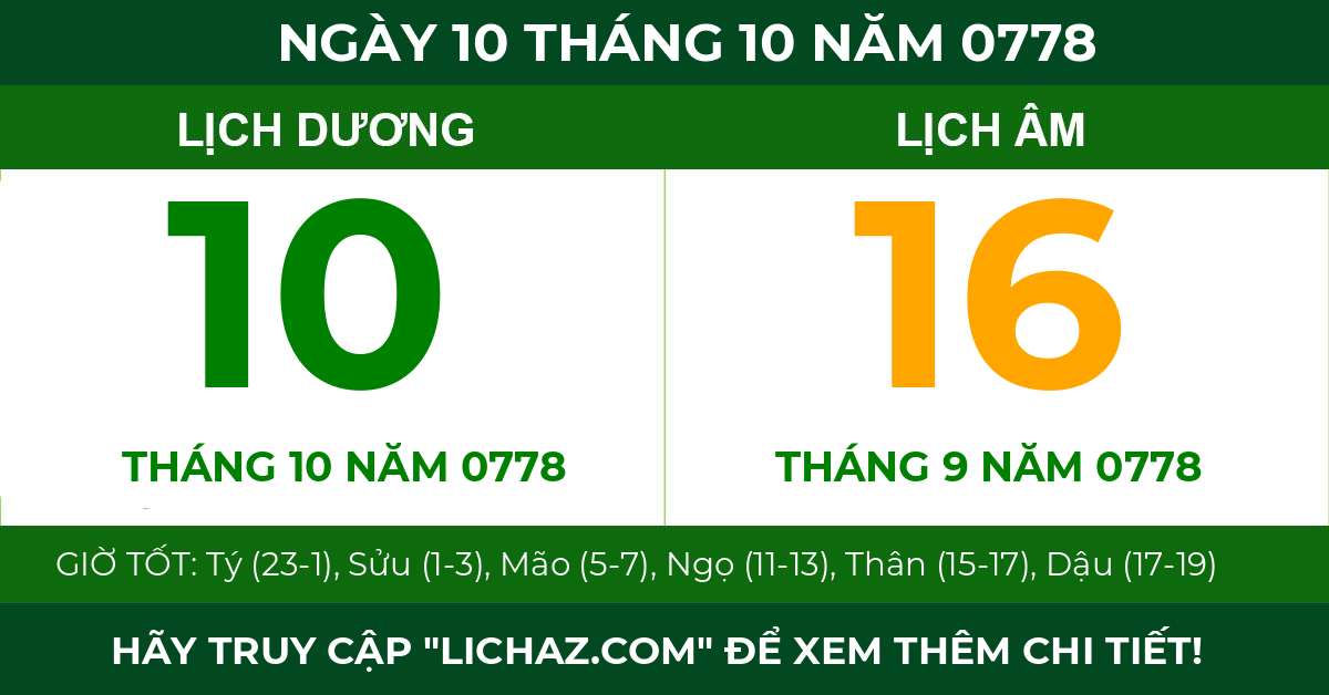lịch âm ngày 10 tháng 10 năm 0778