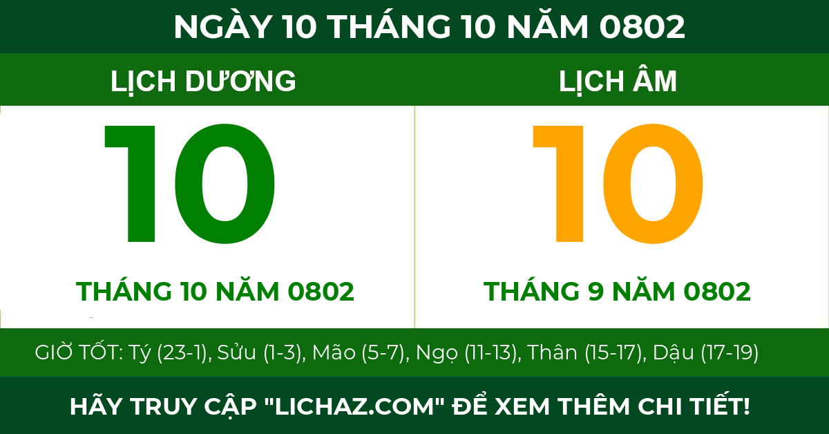 lịch âm ngày 10 tháng 10 năm 0802