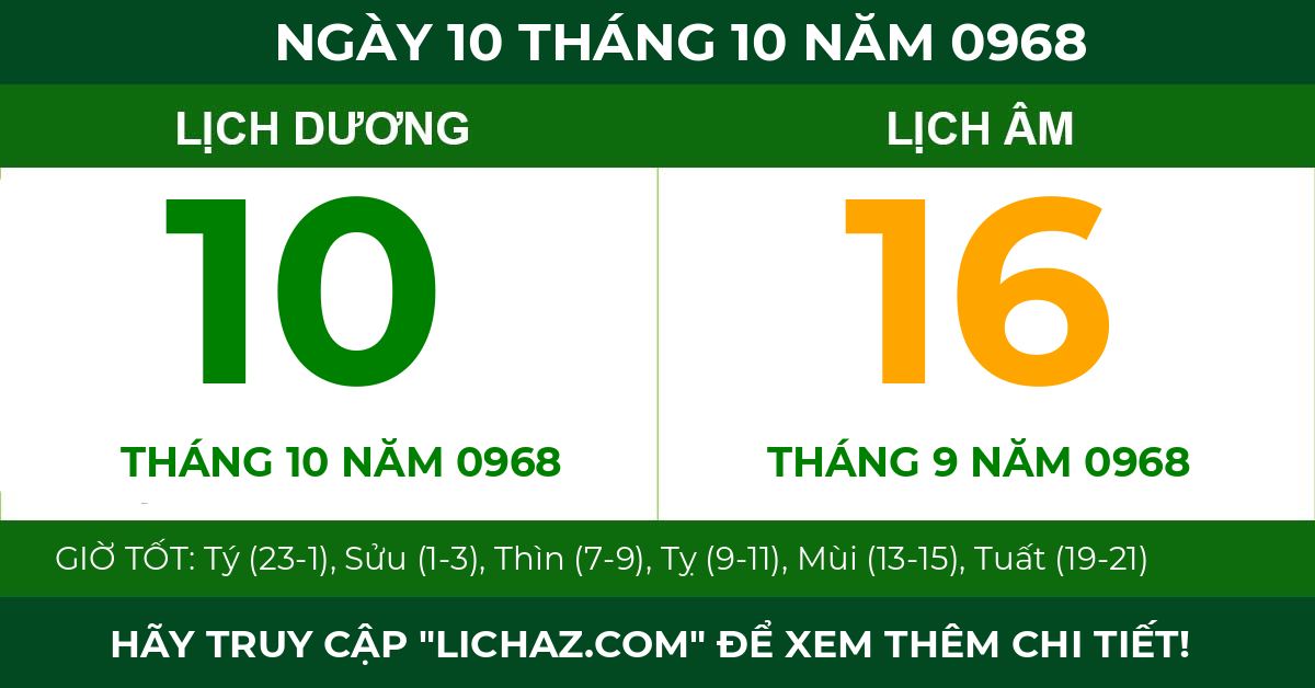 lịch âm ngày 10 tháng 10 năm 0968