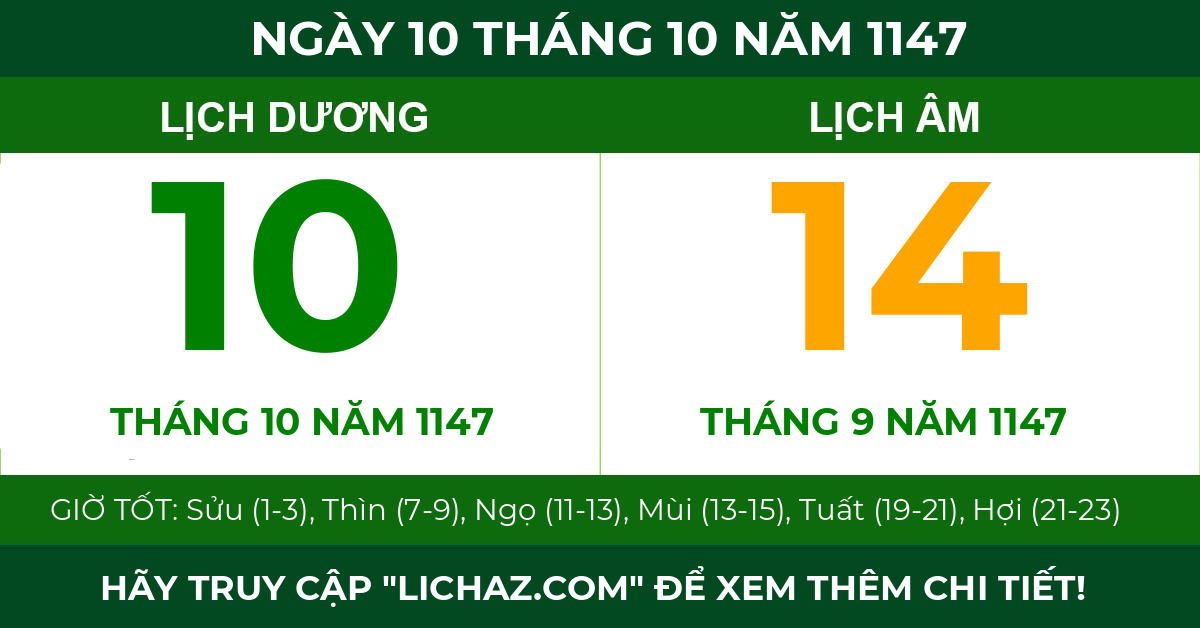 lịch âm ngày 10 tháng 10 năm 1147