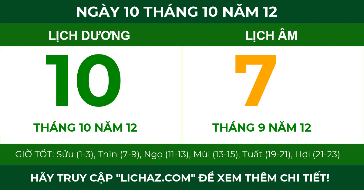 lịch âm ngày 10 tháng 10 năm 12
