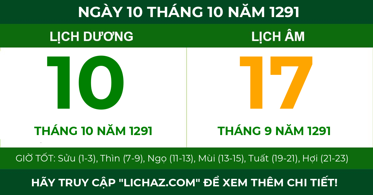 lịch âm ngày 10 tháng 10 năm 1291
