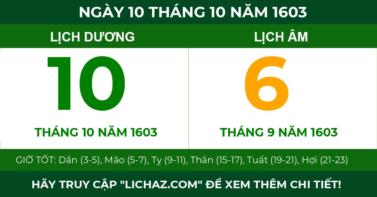 lịch âm ngày 10 tháng 10 năm 1603