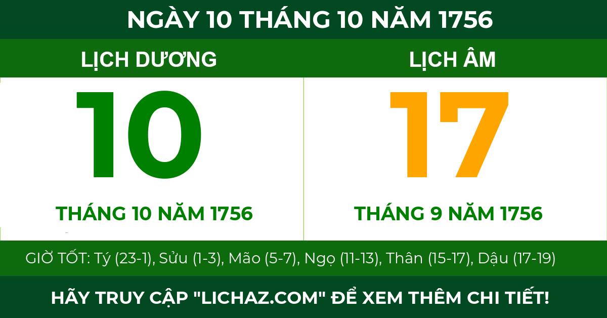 lịch âm ngày 10 tháng 10 năm 1756