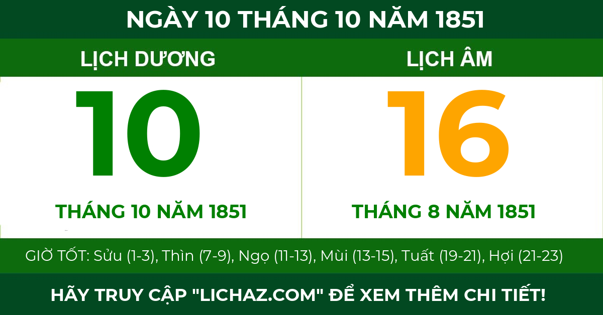 lịch âm ngày 10 tháng 10 năm 1851