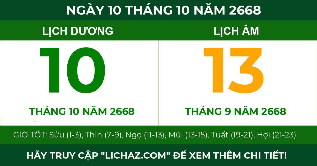 lịch âm ngày 10 tháng 10 năm 2668