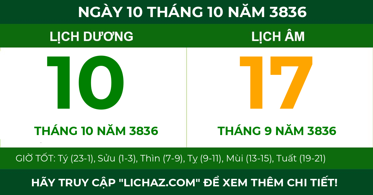 lịch âm ngày 10 tháng 10 năm 3836