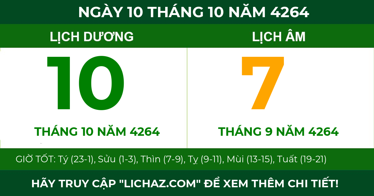lịch âm ngày 10 tháng 10 năm 4264