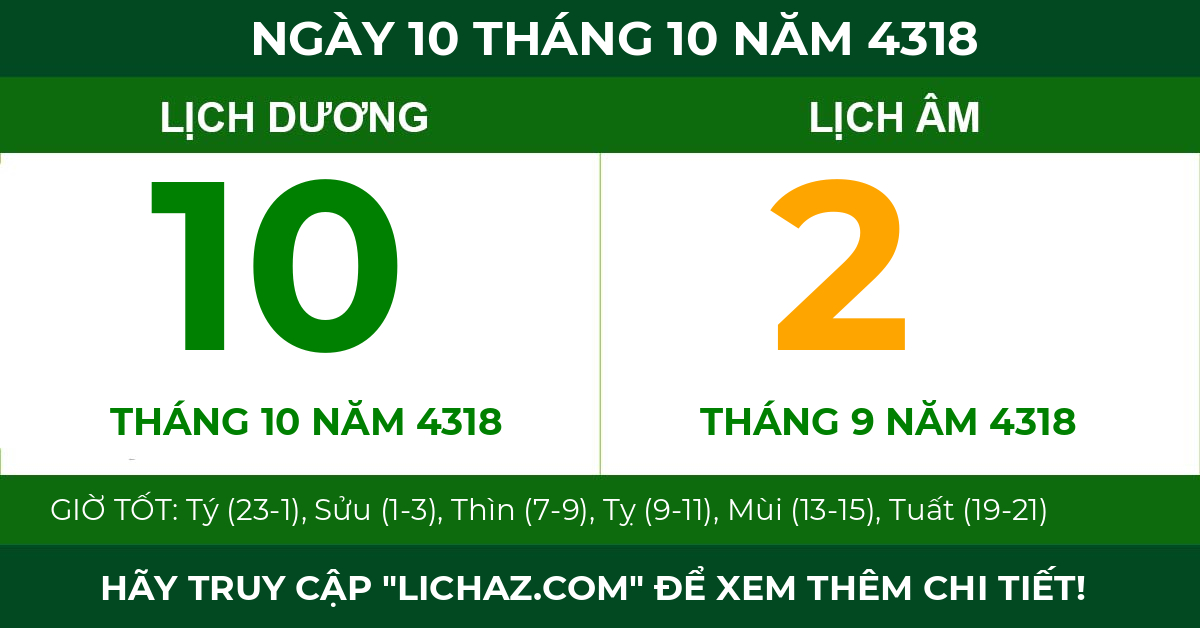 lịch âm ngày 10 tháng 10 năm 4318