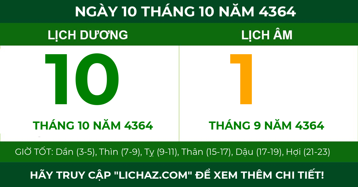 lịch âm ngày 10 tháng 10 năm 4364