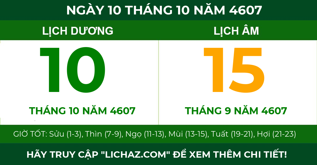 lịch âm ngày 10 tháng 10 năm 4607