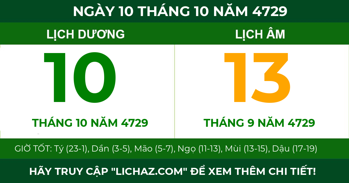 lịch âm ngày 10 tháng 10 năm 4729