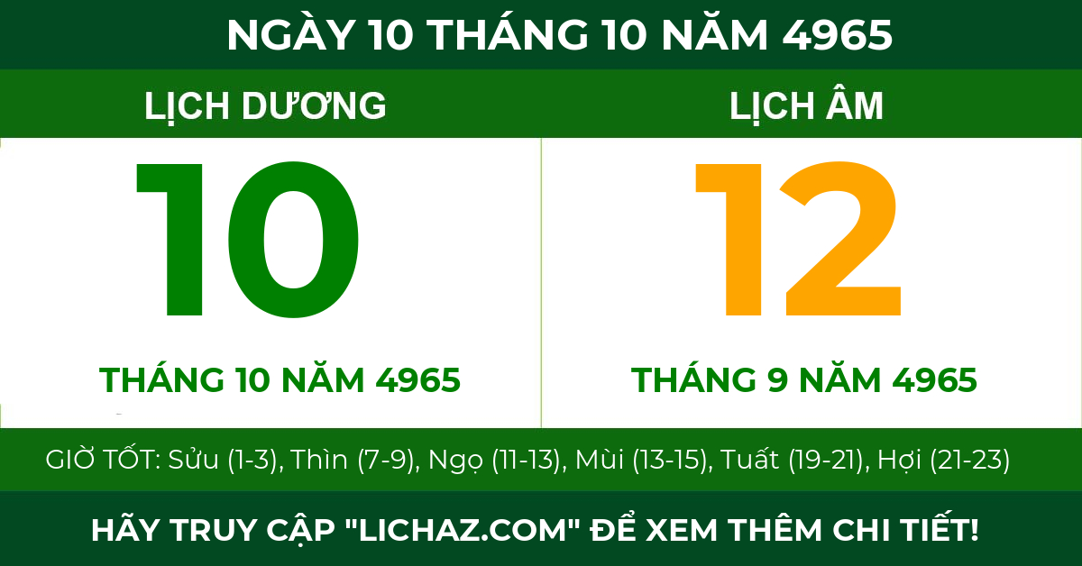 lịch âm ngày 10 tháng 10 năm 4965