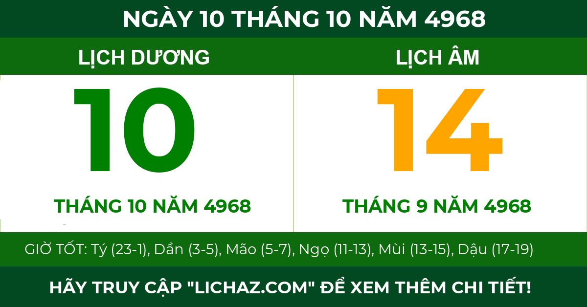 lịch âm ngày 10 tháng 10 năm 4968