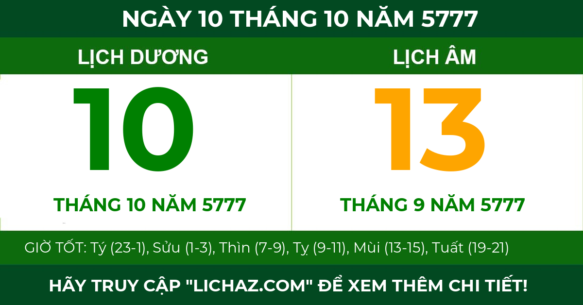 lịch âm ngày 10 tháng 10 năm 5777