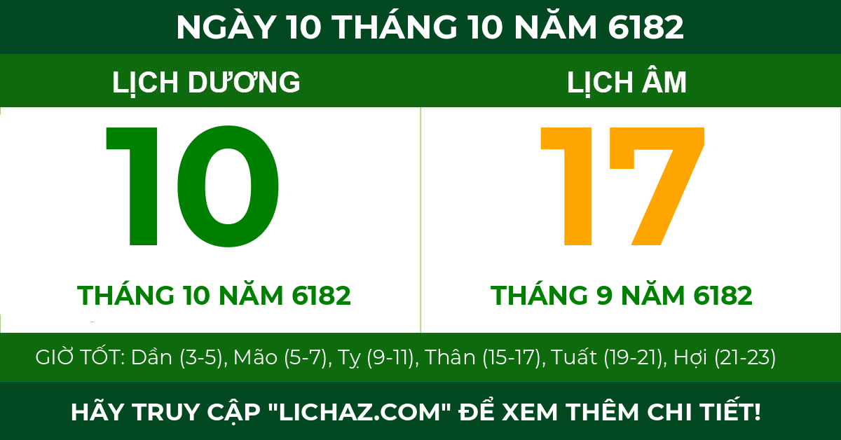 lịch âm ngày 10 tháng 10 năm 6182