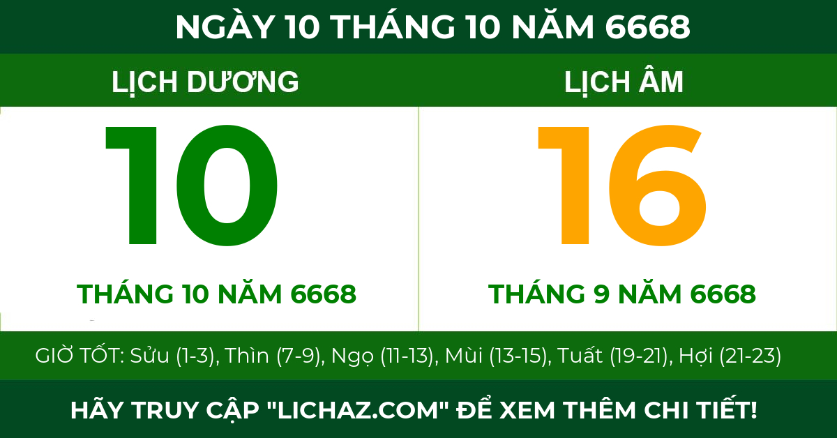 lịch âm ngày 10 tháng 10 năm 6668