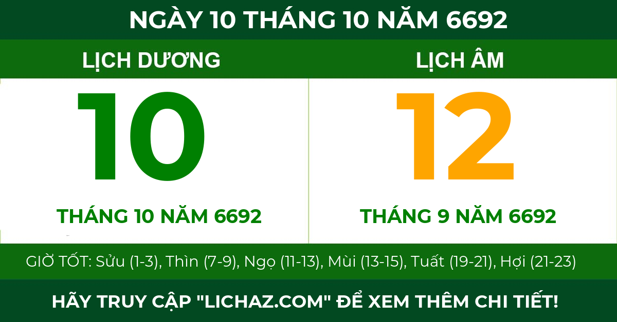 lịch âm ngày 10 tháng 10 năm 6692