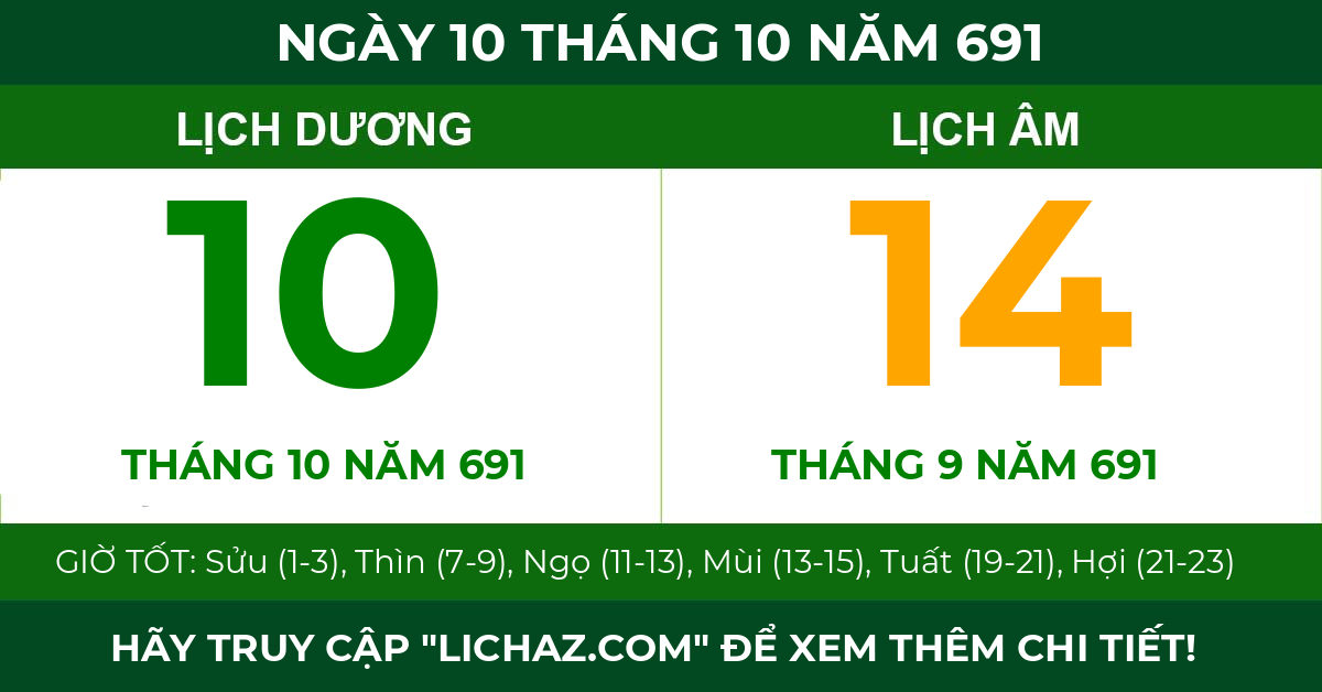 lịch âm ngày 10 tháng 10 năm 691