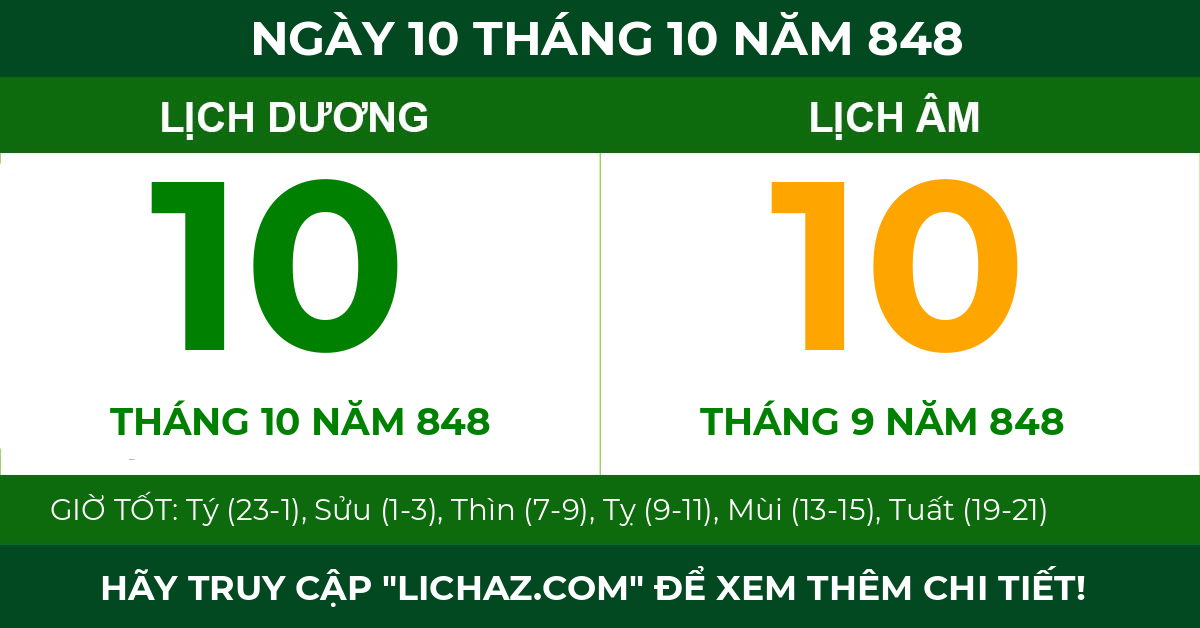 lịch âm ngày 10 tháng 10 năm 848