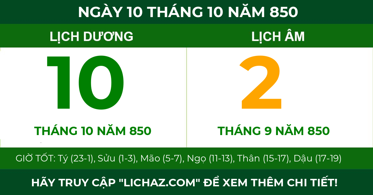 lịch âm ngày 10 tháng 10 năm 850