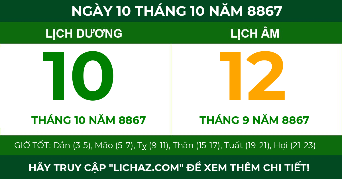 lịch âm ngày 10 tháng 10 năm 8867