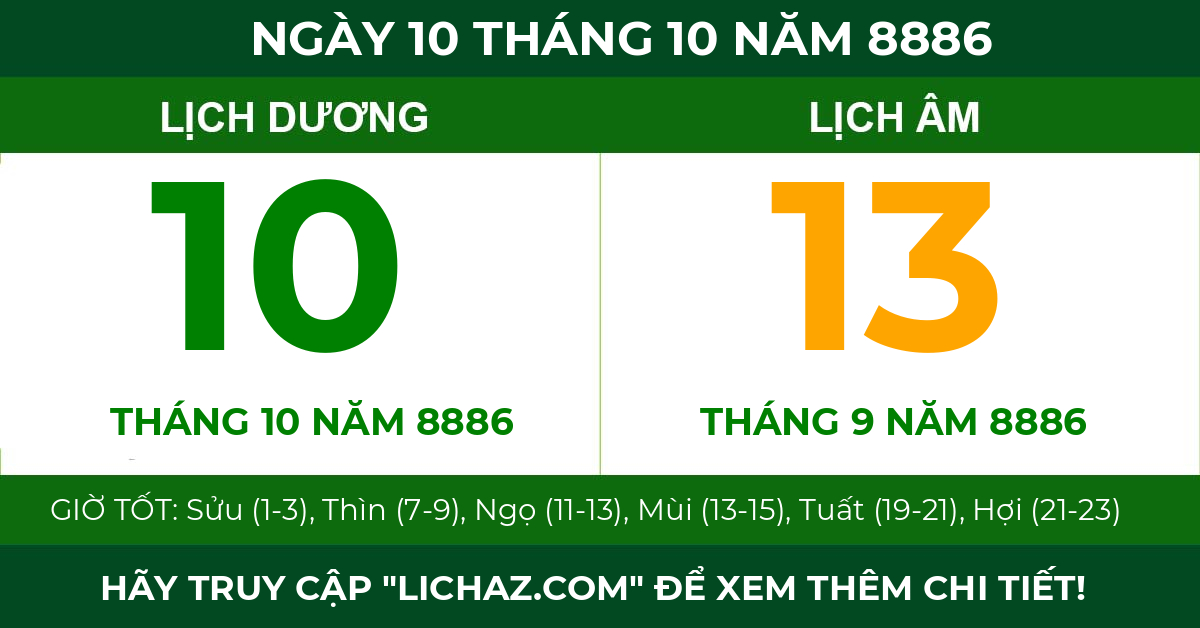 lịch âm ngày 10 tháng 10 năm 8886