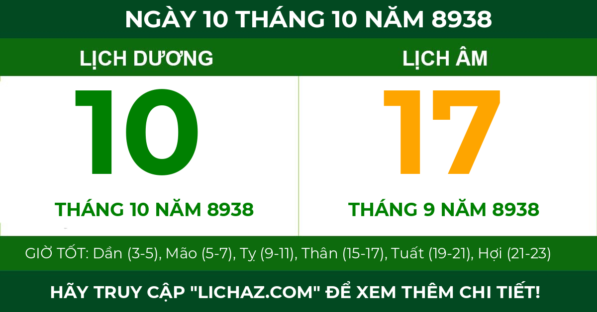 lịch âm ngày 10 tháng 10 năm 8938