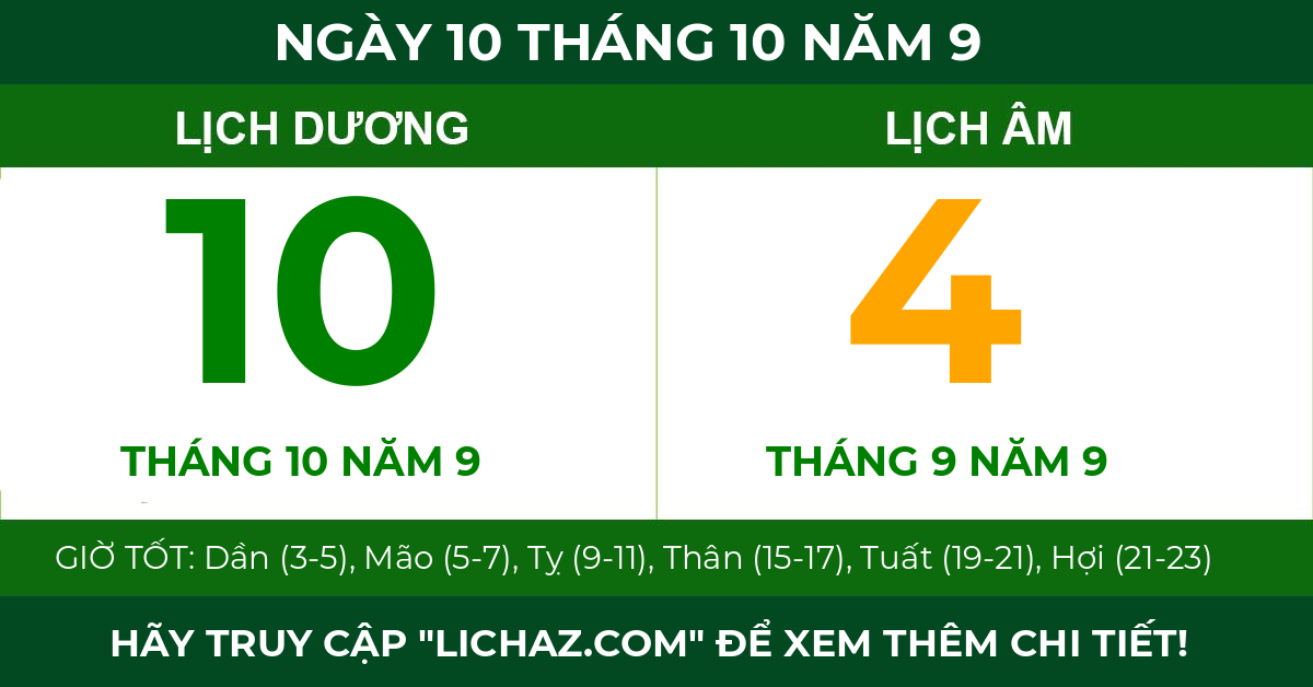 lịch âm ngày 10 tháng 10 năm 9