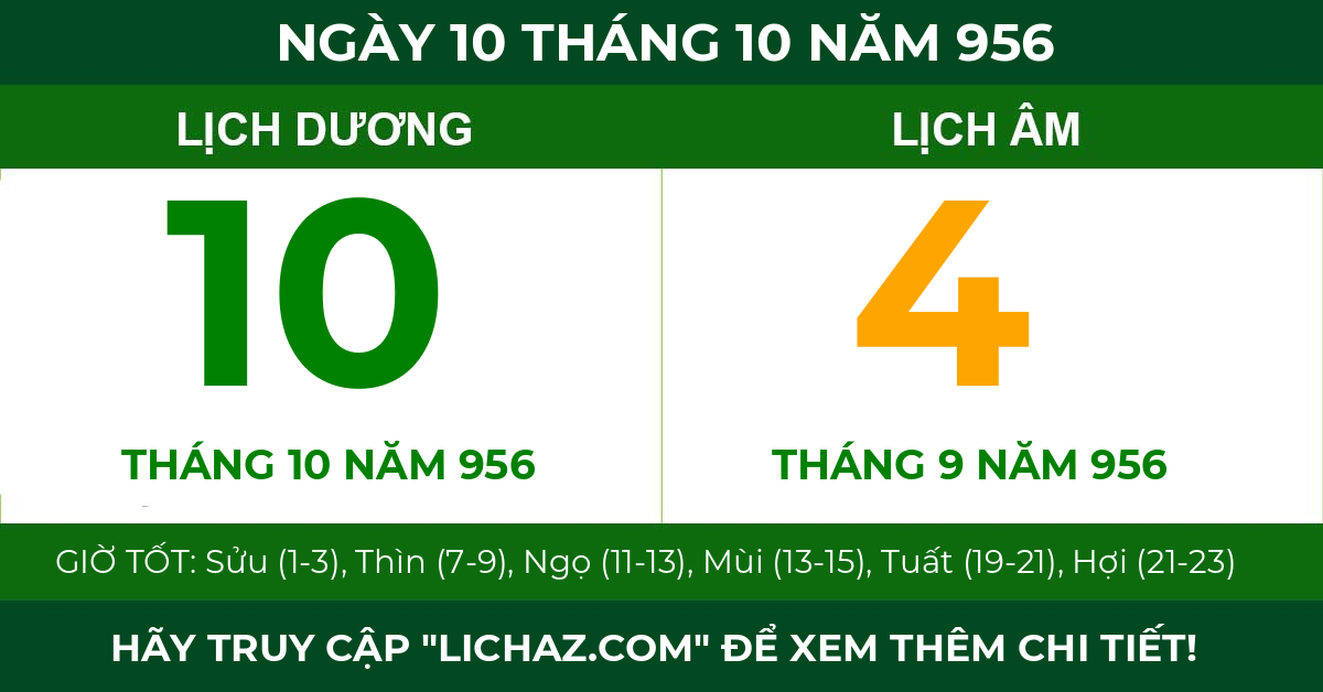 lịch âm ngày 10 tháng 10 năm 956