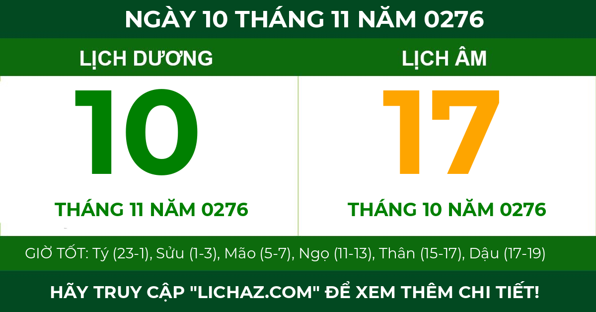 lịch âm ngày 10 tháng 11 năm 0276