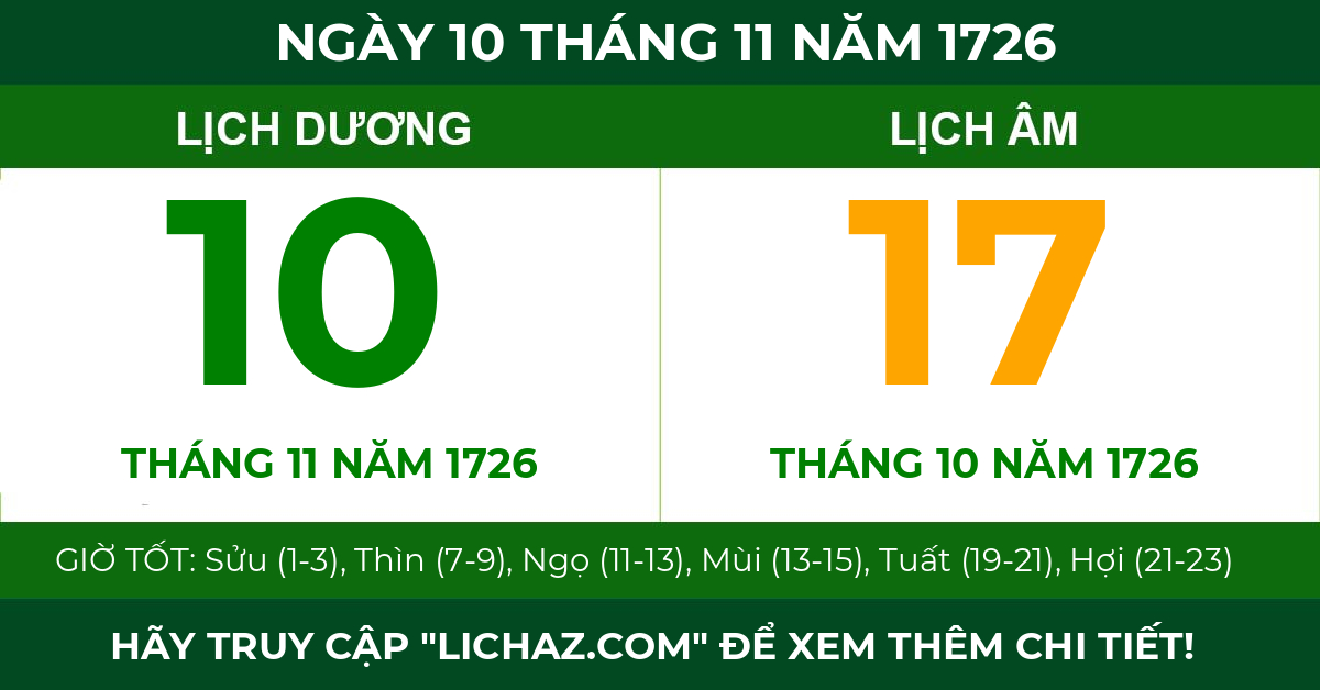 lịch âm ngày 10 tháng 11 năm 1726