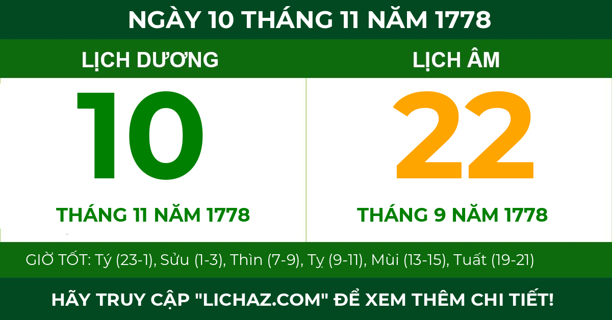 lịch âm ngày 10 tháng 11 năm 1778