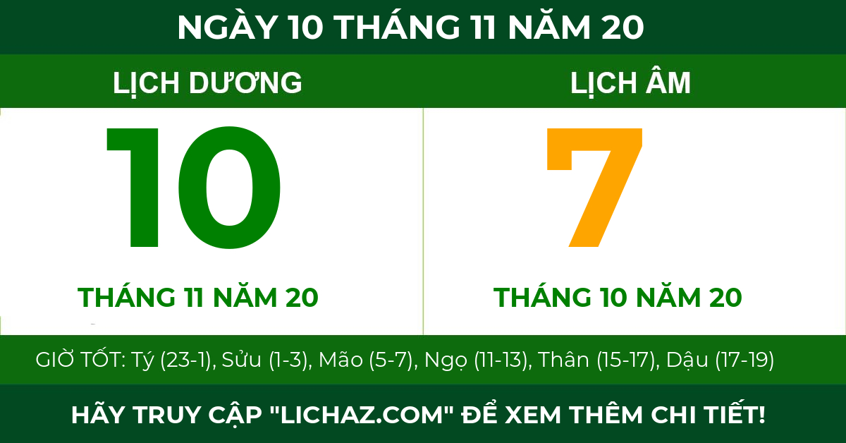lịch âm ngày 10 tháng 11 năm 20