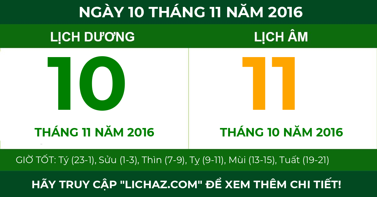 lịch âm ngày 10 tháng 11 năm 2016