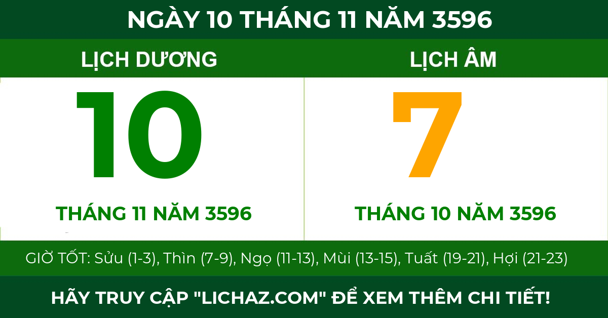 lịch âm ngày 10 tháng 11 năm 3596