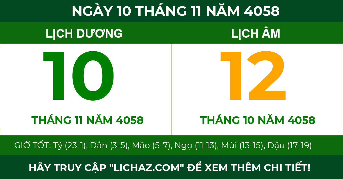 lịch âm ngày 10 tháng 11 năm 4058