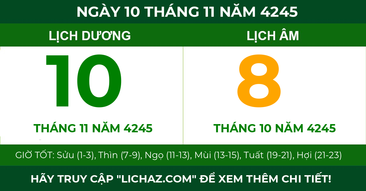 lịch âm ngày 10 tháng 11 năm 4245