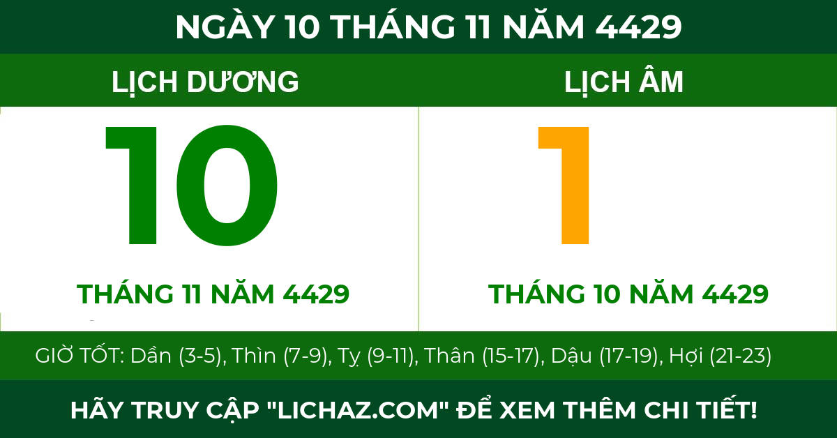 lịch âm ngày 10 tháng 11 năm 4429