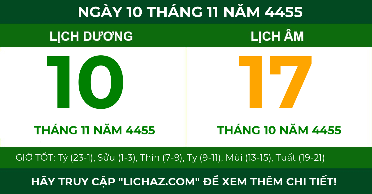 lịch âm ngày 10 tháng 11 năm 4455