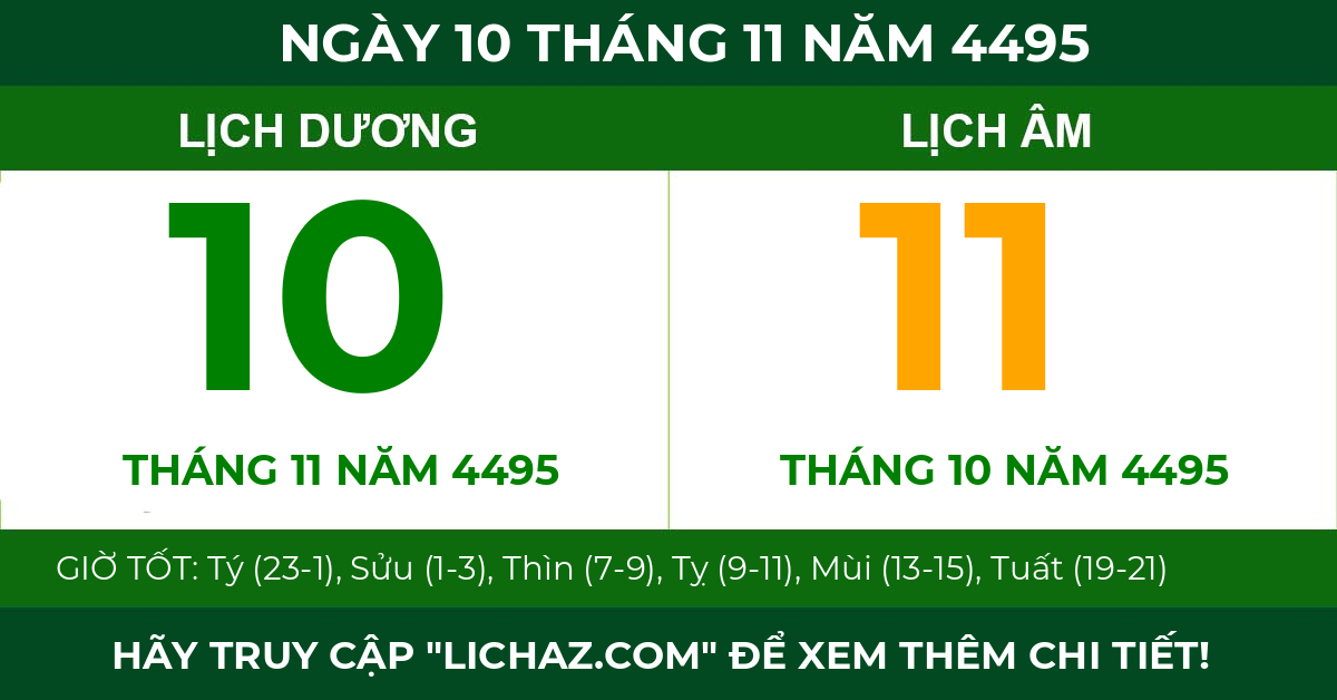 lịch âm ngày 10 tháng 11 năm 4495
