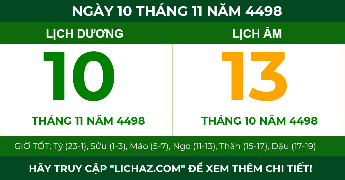 lịch âm ngày 10 tháng 11 năm 4498